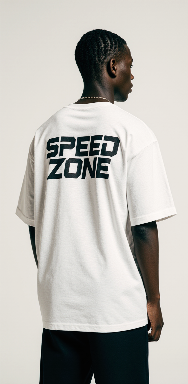 Speed Zone Oversized T-Shirt – White Streetwear Car Graphic Tee | Unisex Urban Racing Fashion