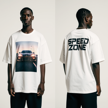 Speed Zone Oversized T-Shirt – White Streetwear Car Graphic Tee | Unisex Urban Racing Fashion