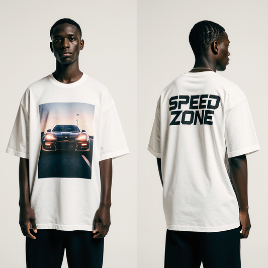 Speed Zone Oversized T-Shirt – White Streetwear Car Graphic Tee | Unisex Urban Racing Fashion