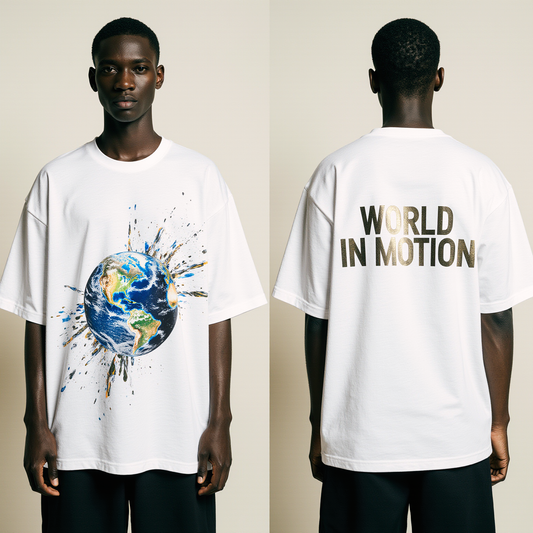 Oversized White T-Shirt "World in Motion" – Streetwear Earth Graphic Tee with Metallic Back Print