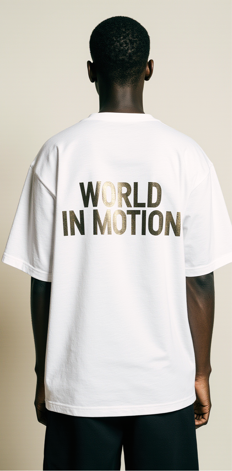 Oversized White T-Shirt "World in Motion" – Streetwear Earth Graphic Tee with Metallic Back Print