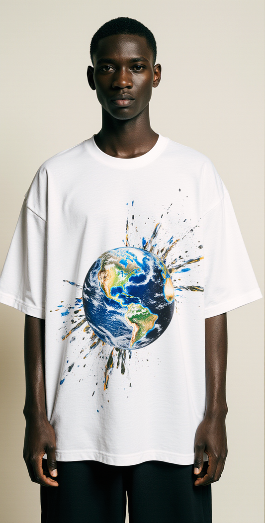 Oversized White T-Shirt "World in Motion" – Streetwear Earth Graphic Tee with Metallic Back Print