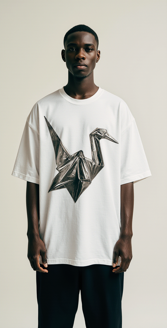 Oversized Paper Future T-Shirt – Origami Crane Graphic Streetwear Tee | Minimalist Unisex Oversized Shirt for Men & Women