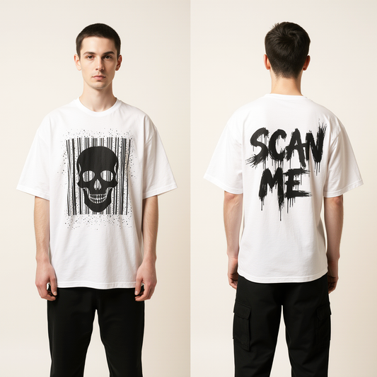 Oversized Scan Me T-Shirt – Barcode Skull Graphic Streetwear Tee | Edgy Graffiti Oversized Shirt for Men & Women