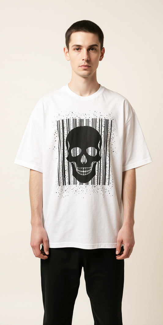 Oversized Scan Me T-Shirt – Barcode Skull Graphic Streetwear Tee | Edgy Graffiti Oversized Shirt for Men & Women