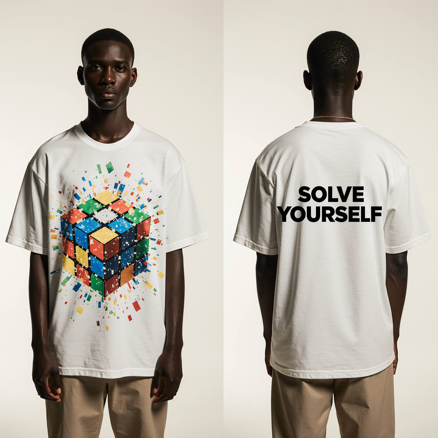 Oversized White T-Shirt "Solve Yourself" – Streetwear Graphic Tee with Exploding Rubik’s Cube Design