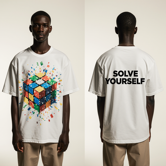 Oversized White T-Shirt "Solve Yourself" – Streetwear Graphic Tee with Exploding Rubik’s Cube Design