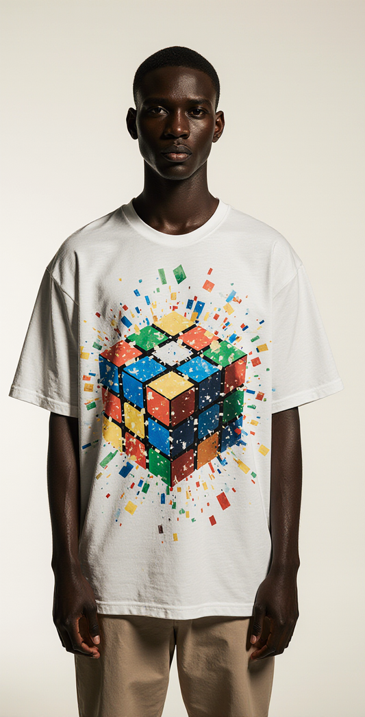 Oversized White T-Shirt "Solve Yourself" – Streetwear Graphic Tee with Exploding Rubik’s Cube Design