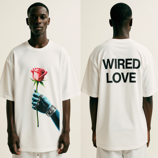 Oversized “Wired Love” T-Shirt – Cyberpunk Rose Graphic Tee | Futuristic Streetwear