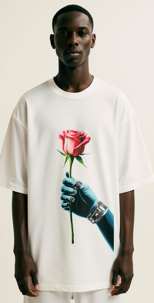 Oversized “Wired Love” T-Shirt – Cyberpunk Rose Graphic Tee | Futuristic Streetwear