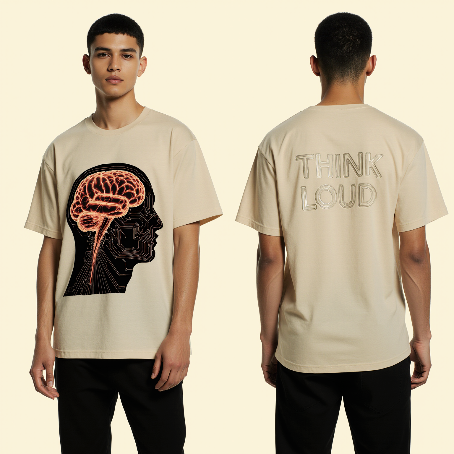 Oversized Beige T-Shirt "Think Loud" – Neural Brain Circuit Graphic Streetwear Tee