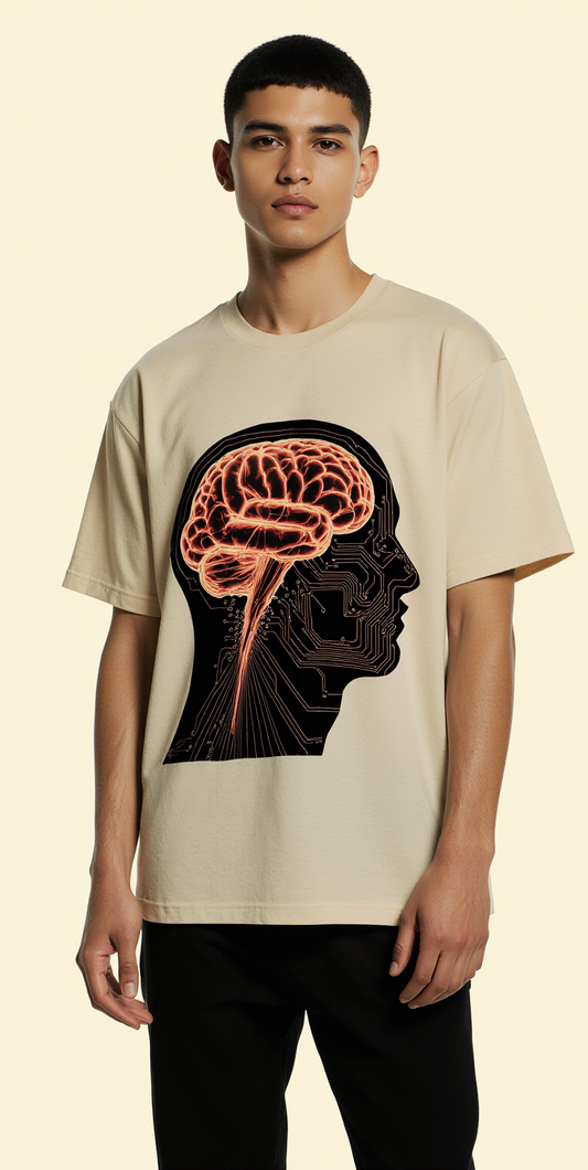 Oversized Beige T-Shirt "Think Loud" – Neural Brain Circuit Graphic Streetwear Tee