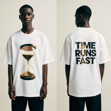 Oversized White T-Shirt "Time Runs Fast" – Streetwear Graphic Tee with Hourglass Design