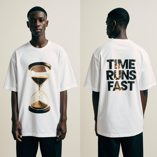 Oversized White T-Shirt "Time Runs Fast" – Streetwear Graphic Tee with Hourglass Design