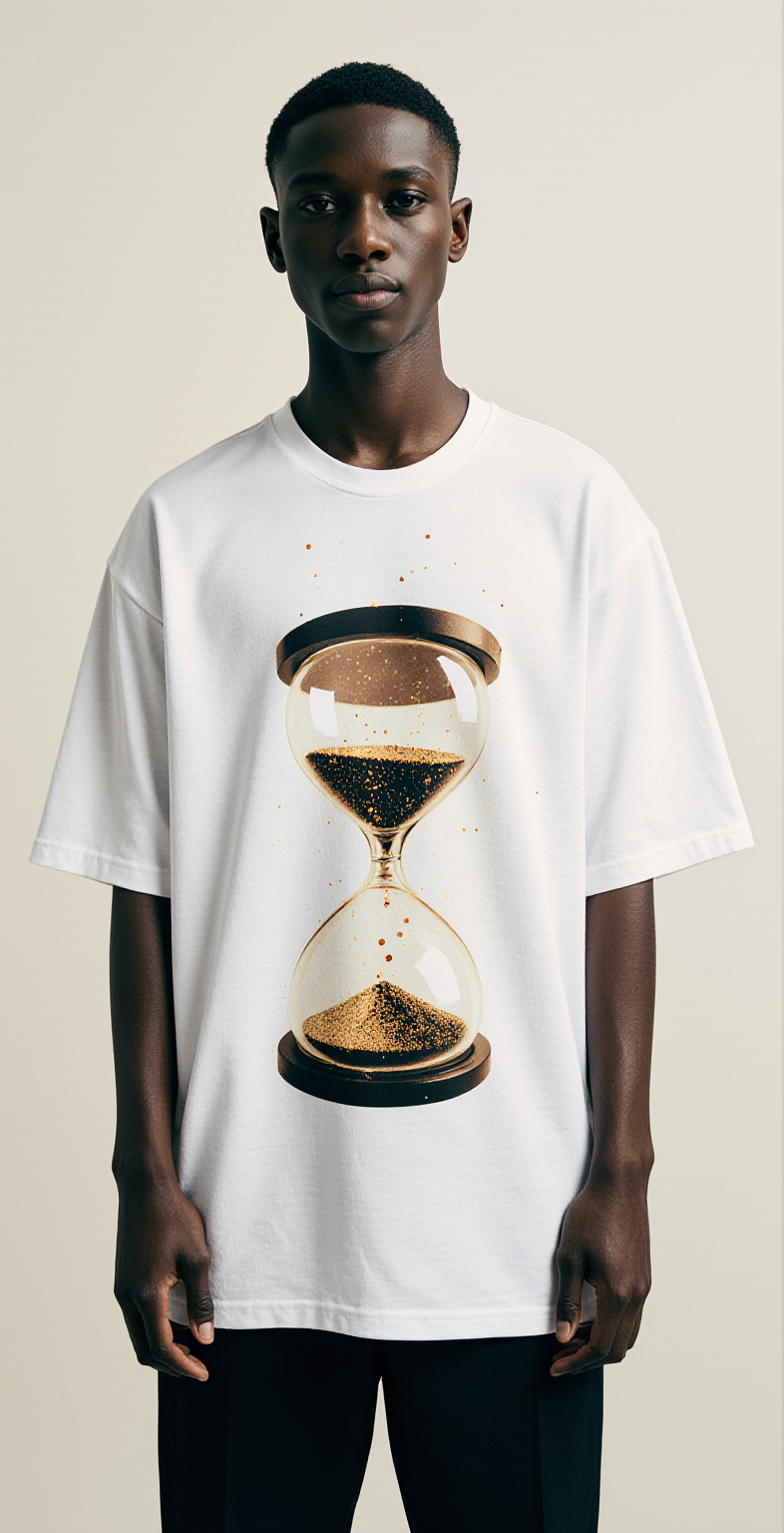 Oversized White T-Shirt "Time Runs Fast" – Streetwear Graphic Tee with Hourglass Design