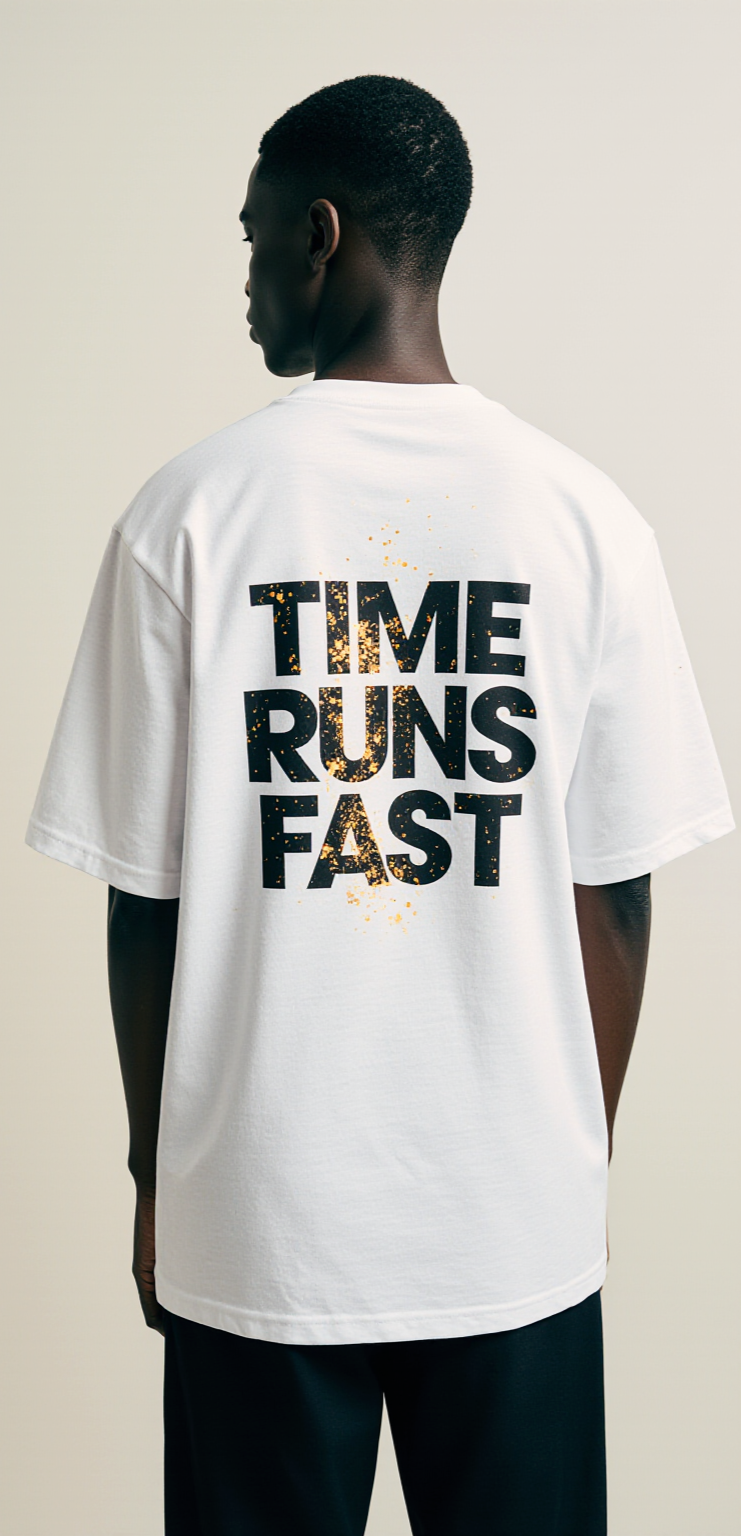 Oversized White T-Shirt "Time Runs Fast" – Streetwear Graphic Tee with Hourglass Design