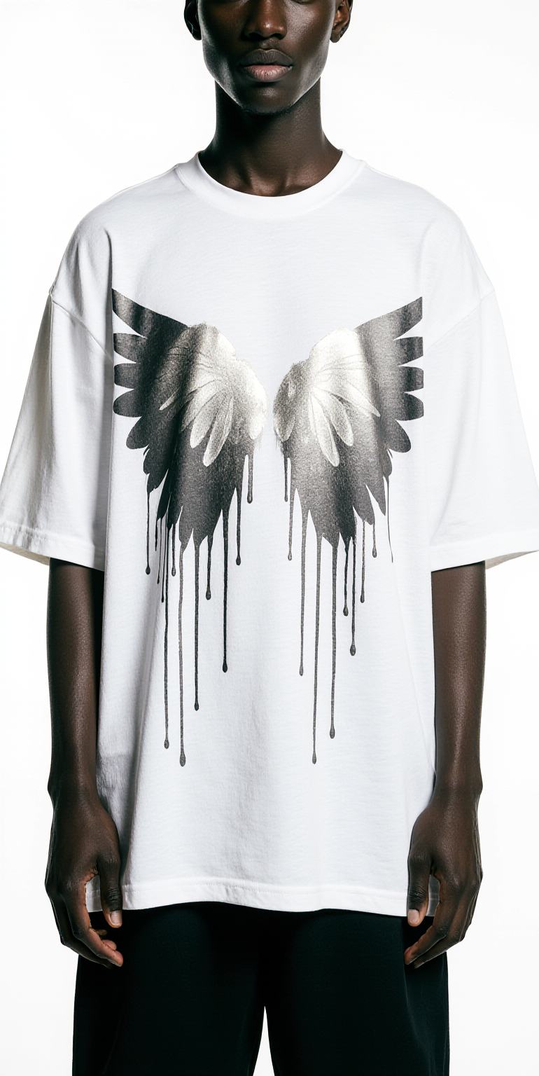 Oversized Angel Energy T-Shirt – White Streetwear Graphic Tee with Silver Wings | Unisex Urban Fashion