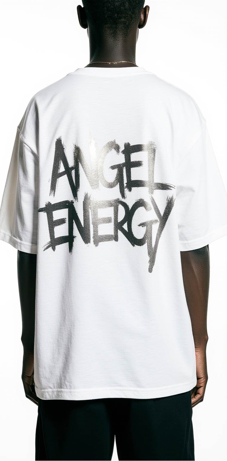 Oversized Angel Energy T-Shirt – White Streetwear Graphic Tee with Silver Wings | Unisex Urban Fashion