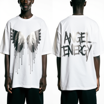 Oversized Angel Energy T-Shirt – White Streetwear Graphic Tee with Silver Wings | Unisex Urban Fashion