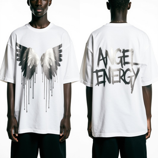 Oversized Angel Energy T-Shirt – White Streetwear Graphic Tee with Silver Wings | Unisex Urban Fashion