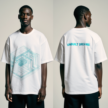 Oversized Streetwear T-Shirt "Unbuilt Dreams" – White Graphic Tee with Blueprint Design
