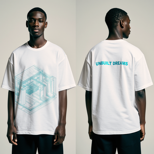 Oversized Streetwear T-Shirt "Unbuilt Dreams" – White Graphic Tee with Blueprint Design