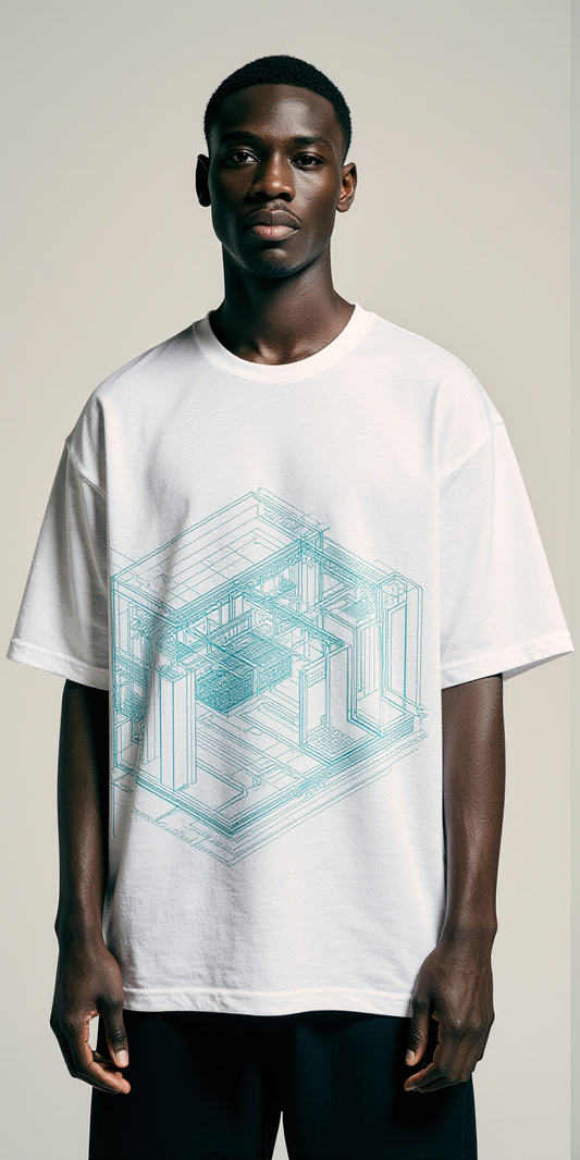 Oversized Streetwear T-Shirt "Unbuilt Dreams" – White Graphic Tee with Blueprint Design