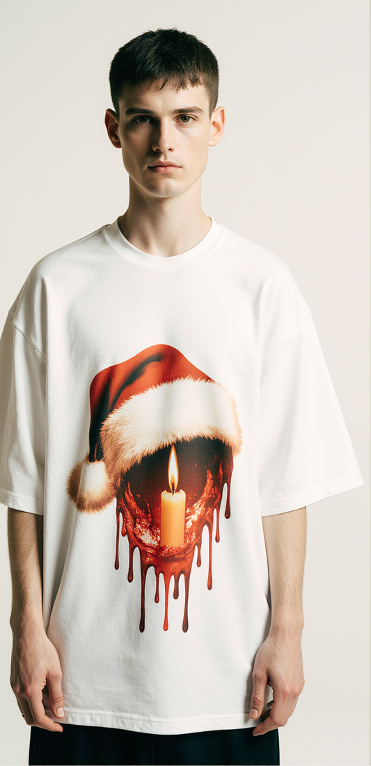 Oversized White Christmas Graphic T-Shirt – Burning Season Candle Print – Streetwear Holiday Tee
