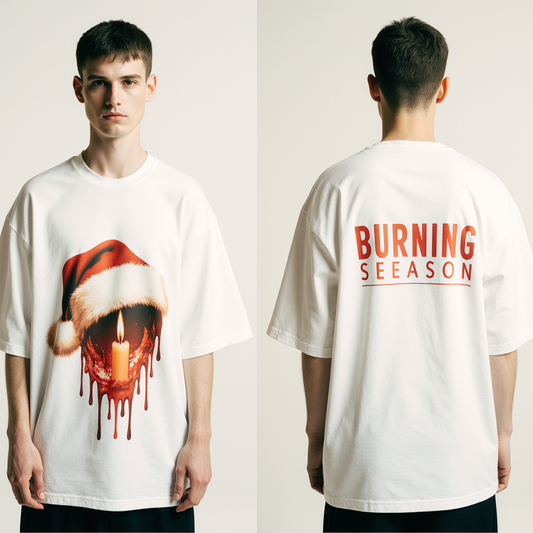 Oversized White Christmas Graphic T-Shirt – Burning Season Candle Print – Streetwear Holiday Tee