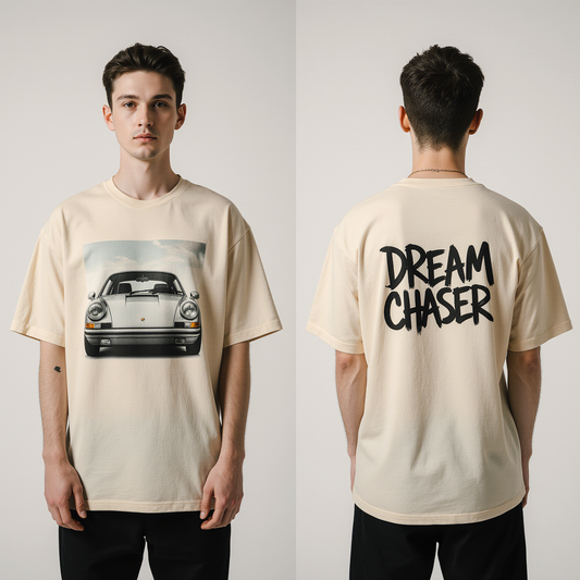 Dream Chaser Oversized T-Shirt | Vintage Car Graphic Streetwear Tee for Men & Women | Beige Urban Fashion Top