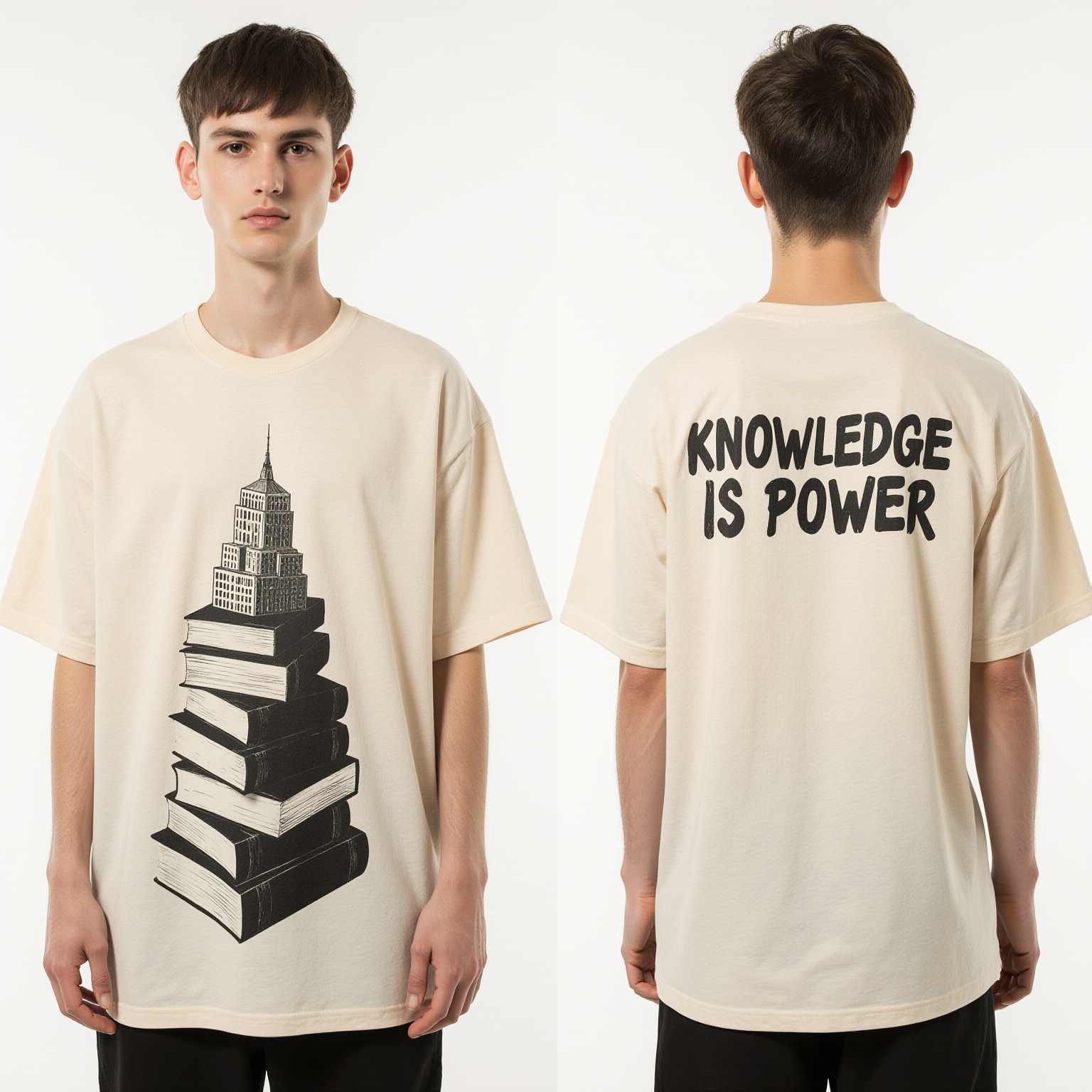 Oversized “Knowledge Is Power” T-Shirt – Streetwear Graphic Tee | Book Tower Print