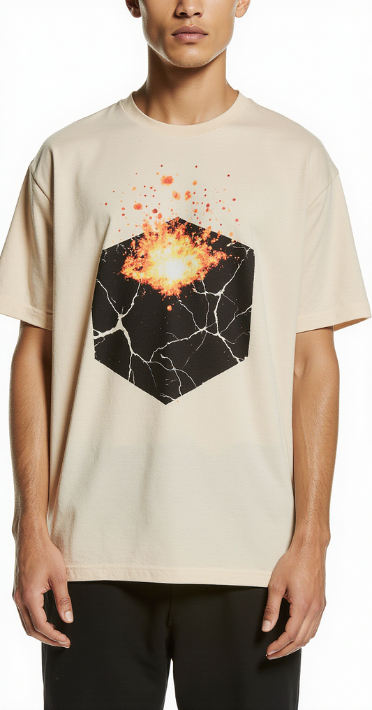 Oversized Streetwear T-Shirt "Controlled Chaos" – Beige Graphic Tee with Volcanic Explosion Print
