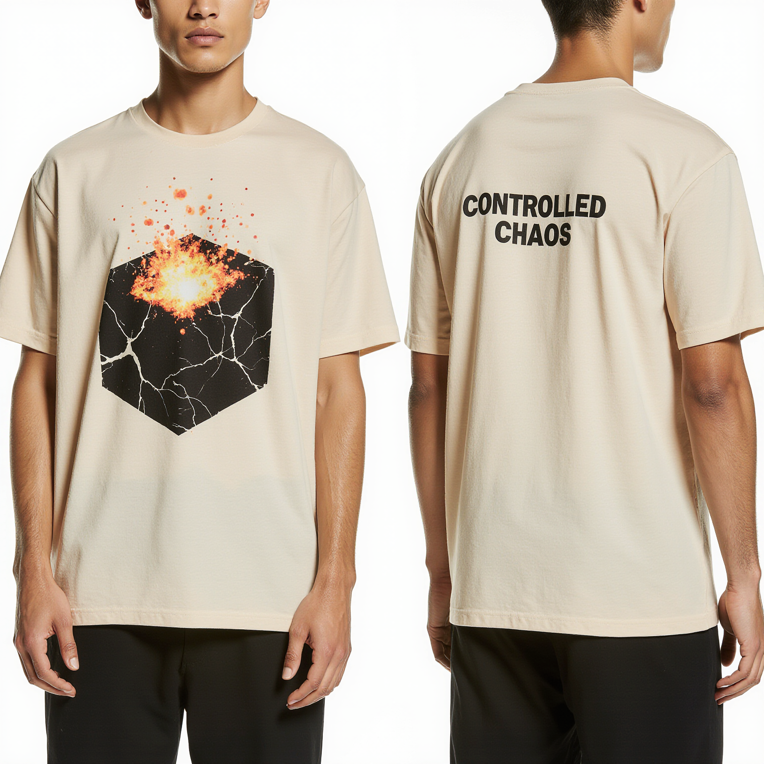 Oversized Streetwear T-Shirt "Controlled Chaos" – Beige Graphic Tee with Volcanic Explosion Print