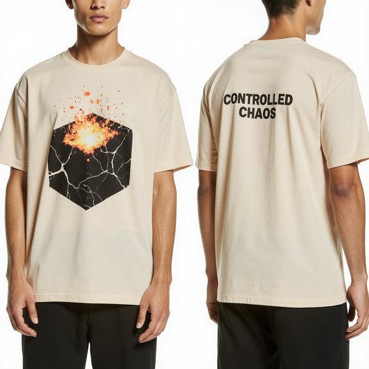 Oversized Streetwear T-Shirt "Controlled Chaos" – Beige Graphic Tee with Volcanic Explosion Print
