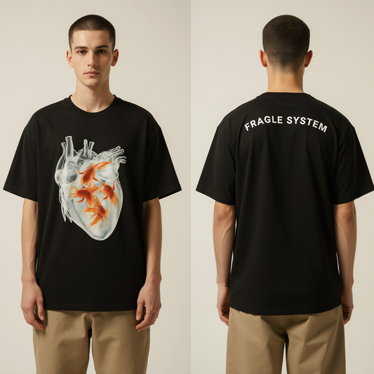 Oversized Streetwear T-Shirt "Fragile System" – Black Graphic Tee with Anatomical Heart & Goldfish Print