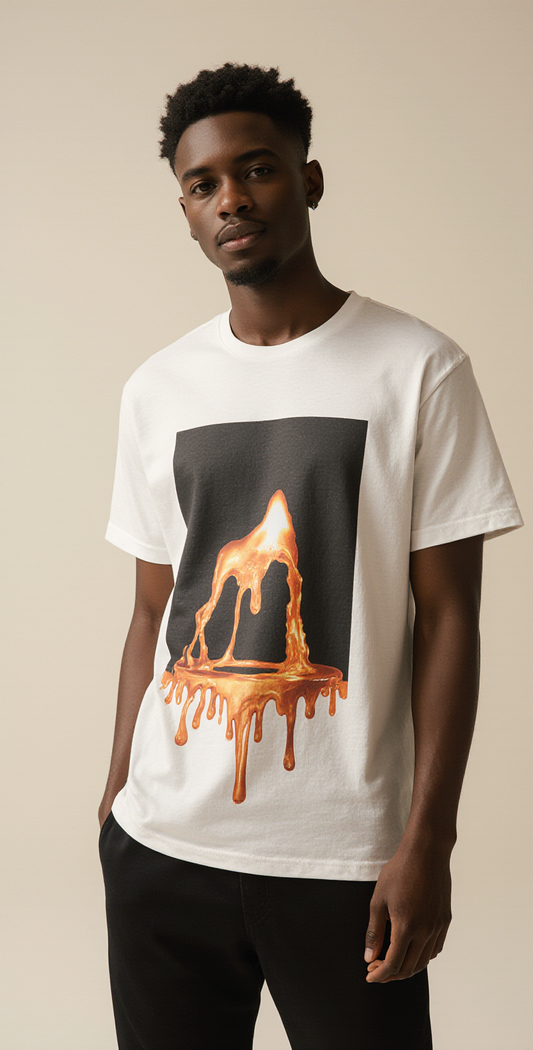 Oversized Streetwear T-Shirt "Born to Burn" – White Graphic Tee with Melting Candle Flame Print