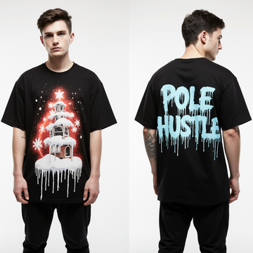 Pole Hustle Oversized Christmas T-Shirt – Black Urban Holiday Graphic Tee | Streetwear Style
