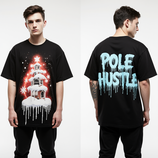 Pole Hustle Oversized Christmas T-Shirt – Black Urban Holiday Graphic Tee | Streetwear Style