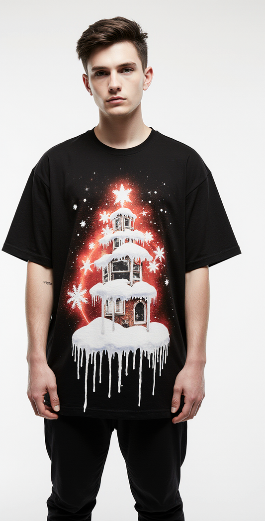 Pole Hustle Oversized Christmas T-Shirt – Black Urban Holiday Graphic Tee | Streetwear Style