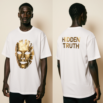 Oversized Streetwear T-Shirt "Hidden Truth" – White Graphic Tee with Gold Mask Design