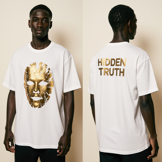Oversized Streetwear T-Shirt "Hidden Truth" – White Graphic Tee with Gold Mask Design