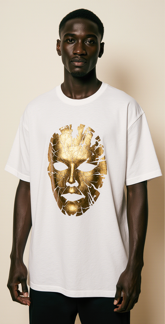 Oversized Streetwear T-Shirt "Hidden Truth" – White Graphic Tee with Gold Mask Design