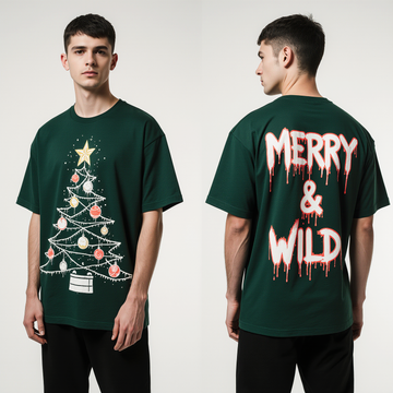 Merry & Wild Oversized Christmas T-Shirt – Dark Green Graphic Holiday Tee | Trendy Streetwear