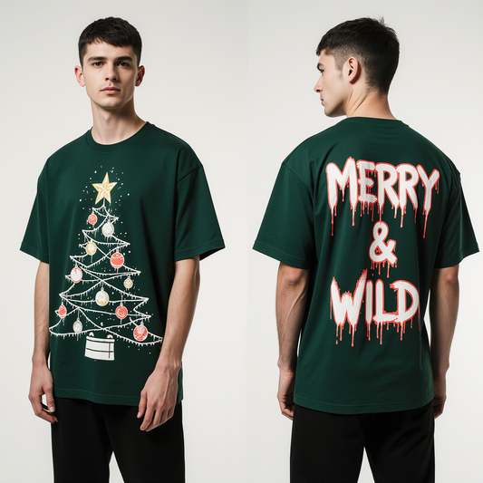 Merry & Wild Oversized Christmas T-Shirt – Dark Green Graphic Holiday Tee | Trendy Streetwear