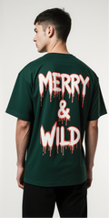 Merry & Wild Oversized Christmas T-Shirt – Dark Green Graphic Holiday Tee | Trendy Streetwear