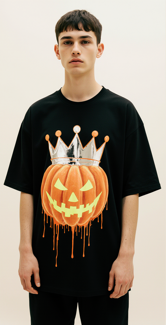 King of Halloween Oversized T-Shirt | Pumpkin Crown Graphic Tee for Men & Women | Spooky Streetwear Fashion