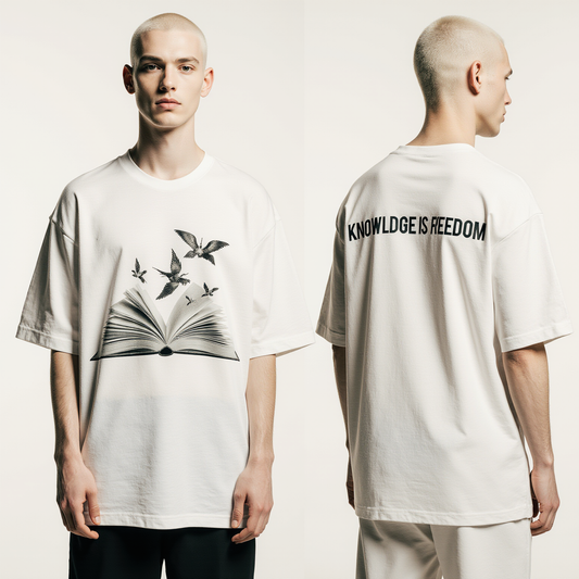 Oversized Streetwear T-Shirt "Knowledge is Freedom" – Minimalist Graphic Tee with Book & Birds Design