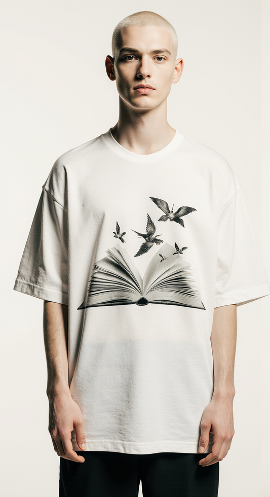 Oversized Streetwear T-Shirt "Knowledge is Freedom" – Minimalist Graphic Tee with Book & Birds Design