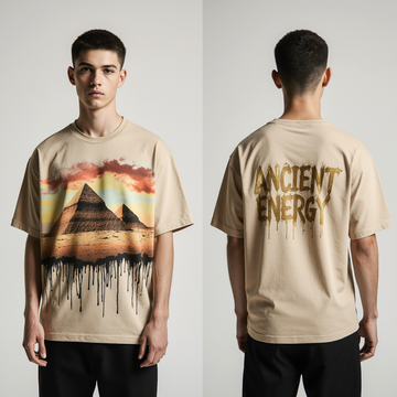 Oversized Ancient Energy T-Shirt – Egyptian Pyramid Graphic Tee | Beige Streetwear Unisex Shirt