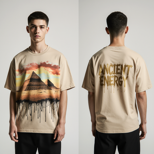 Oversized Ancient Energy T-Shirt – Egyptian Pyramid Graphic Tee | Beige Streetwear Unisex Shirt